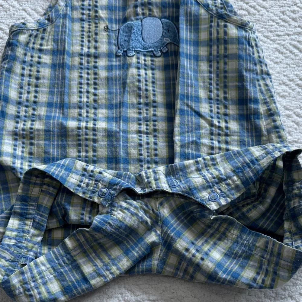 Vintage Carter's Blue and Green Plaid Elephant Romper Sz 24M